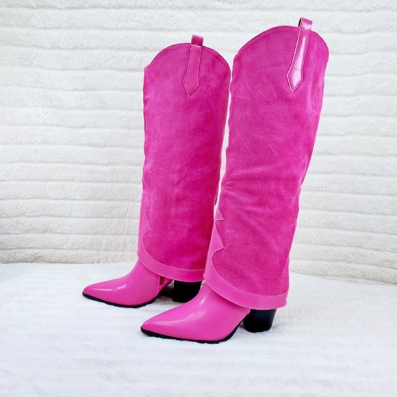 Branded Fuchsia Pink Skirted Fold Over Western Shark Knee High Cowgirl Boots - Picture 5 of 11